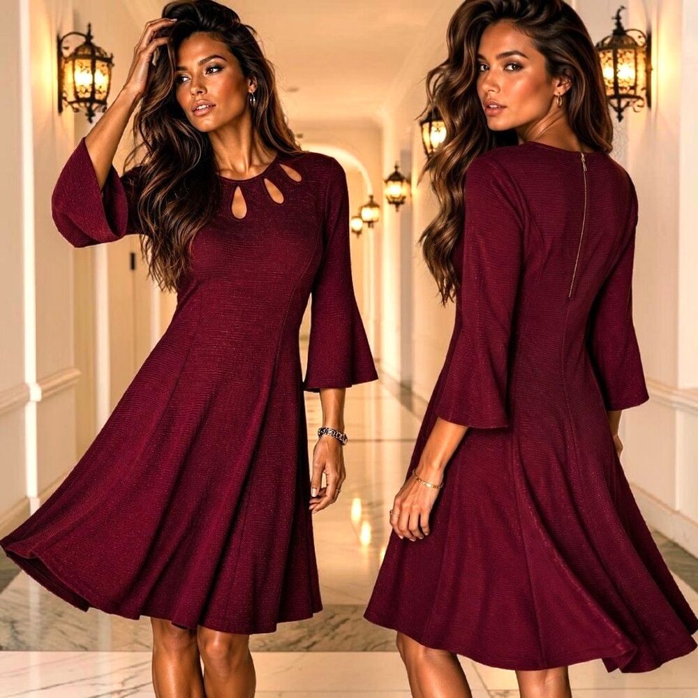 NWT Danny Nicole 16W Burgundy Fit Flare Midi Dress Bell Sleeve Quiet Luxury Chic